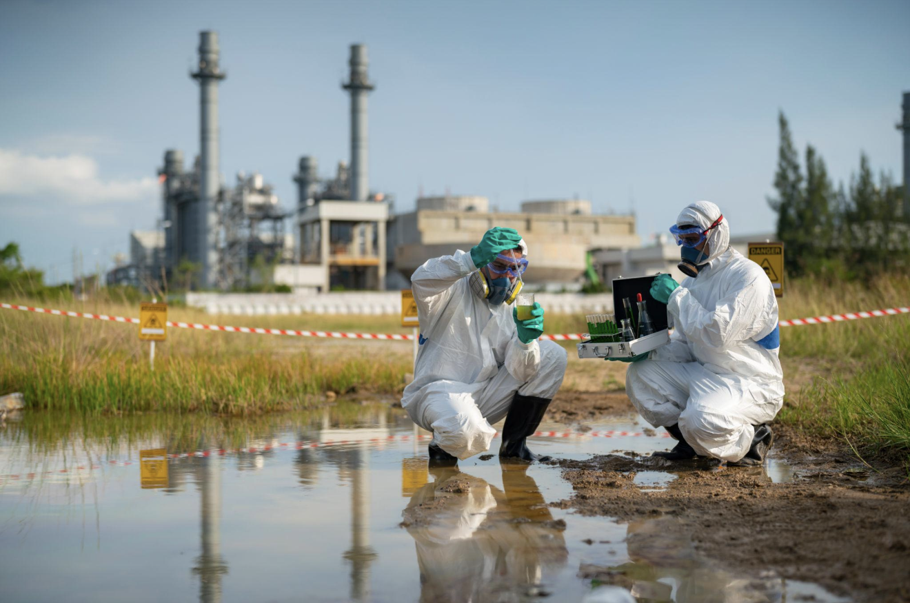 Hazmat workers assessing chemical contamination at an industrial site
